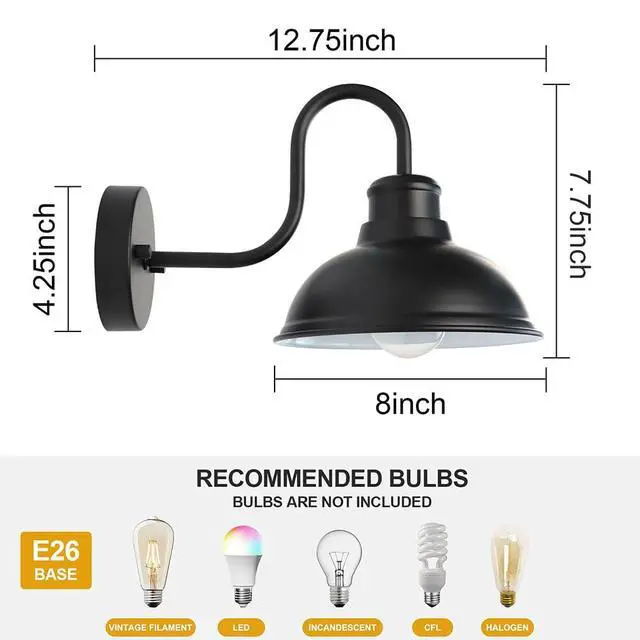 Alt view image 2 of 6 - Gooseneck Barn Light Outdoor Wall Lights 8" Exterior Lighting Fixtures | Anti-Rust Waterproof Farmhouse Industrial Vintage Wall-Mount Matte Black for Porch/Patio Garage/Yard ETL Listed
