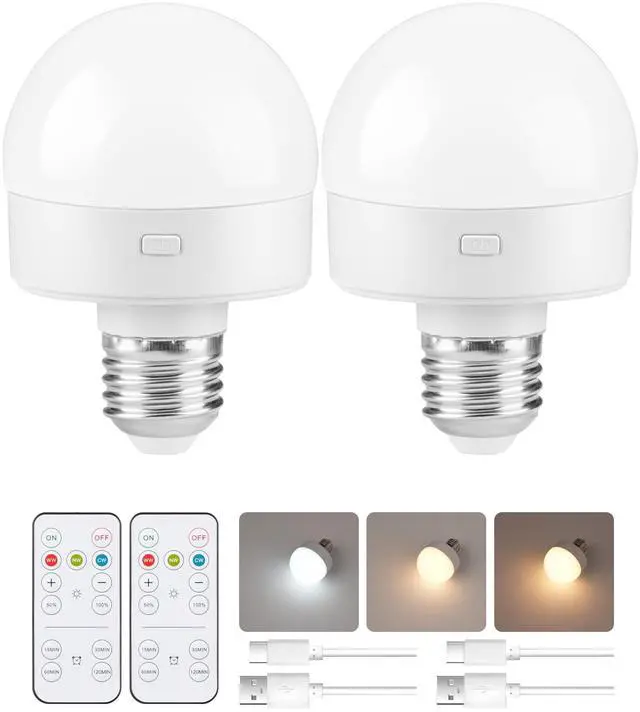 Main image of Rechargeable Light Bulbs with Remote Control 2 Packs, Battery Operated Light Bulbs with Timer & 3 Color Temperature, Detachable Wireless LED Bulb for Lamp, E26 Base, Non-Hardwired, W01YBP206
