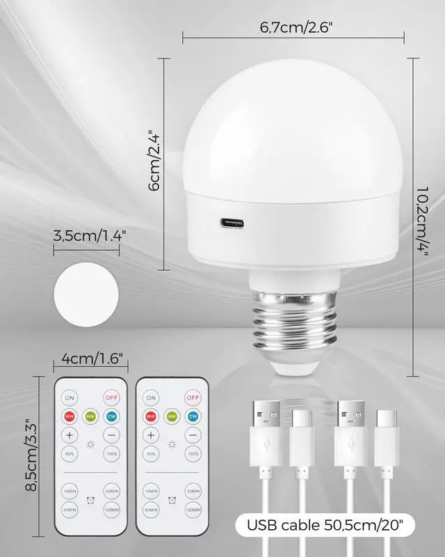 Alt view image 3 of 7 - Rechargeable Light Bulbs with Remote Control 2 Packs, Battery Operated Light Bulbs with Timer & 3 Color Temperature, Detachable Wireless LED Bulb for Lamp, E26 Base, Non-Hardwired, W01YBP206