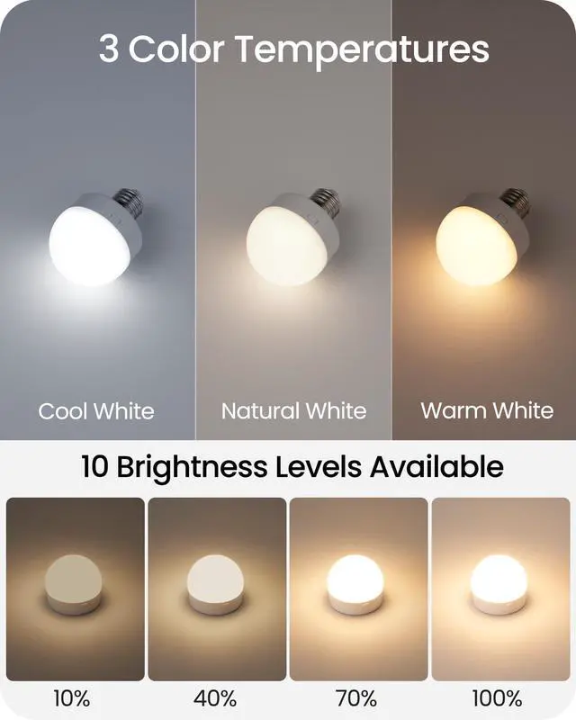 Alt view image 5 of 7 - Rechargeable Light Bulbs with Remote Control 2 Packs, Battery Operated Light Bulbs with Timer & 3 Color Temperature, Detachable Wireless LED Bulb for Lamp, E26 Base, Non-Hardwired, W01YBP206