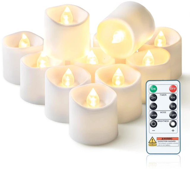 Main image of White Flameless LED Votive Tealight Candles & Timer Remote, 12Pack Battery operated, 400+ hour runtime, 2/4/6/8h timer, warm white flicker glow, flicker/steady mode, for wedding centerpiece