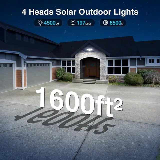 Alt view image 2 of 7 - 4500LM Solar Lights Outdoor Waterproof, 254 LED Solar Flood Lights Outdoor with 2 Motion Sensor, 4 Heads Security Light for Yard Outside House Garage 2 Pack