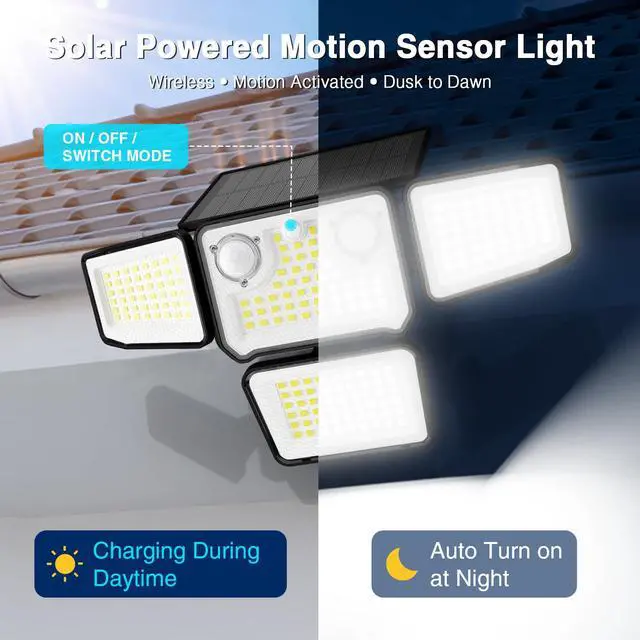 Alt view image 4 of 7 - 4500LM Solar Lights Outdoor Waterproof, 254 LED Solar Flood Lights Outdoor with 2 Motion Sensor, 4 Heads Security Light for Yard Outside House Garage 2 Pack