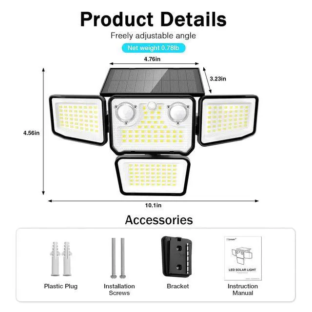 Alt view image 5 of 7 - 4500LM Solar Lights Outdoor Waterproof, 254 LED Solar Flood Lights Outdoor with 2 Motion Sensor, 4 Heads Security Light for Yard Outside House Garage 2 Pack