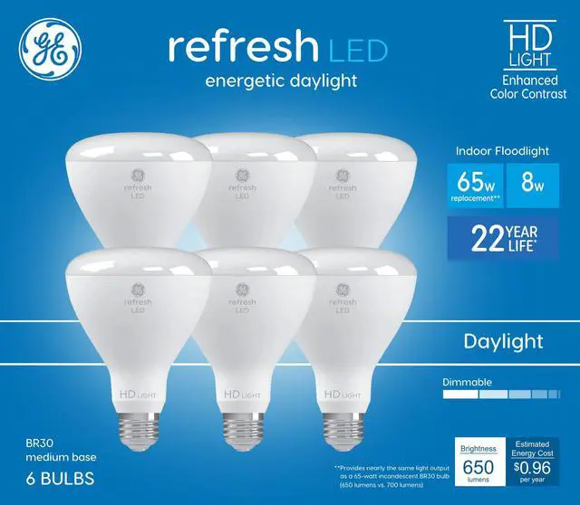 Main image of Refresh 6-Pack 65 W Equivalent Dimmable Daylight Br30 LED Light Fixture Light Bulb 22 Year Life