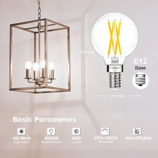 Alt view image 2 of 6 - E12 Candelabra G16.5 Globe LED Bulb, 4W 400LM, 40W Equivalent Dimmable | 4000K Neutral White, E12 Globe Round Light Bulbs, Ceiling Fan, Chandeliers, 90+CRI, 12 Pack