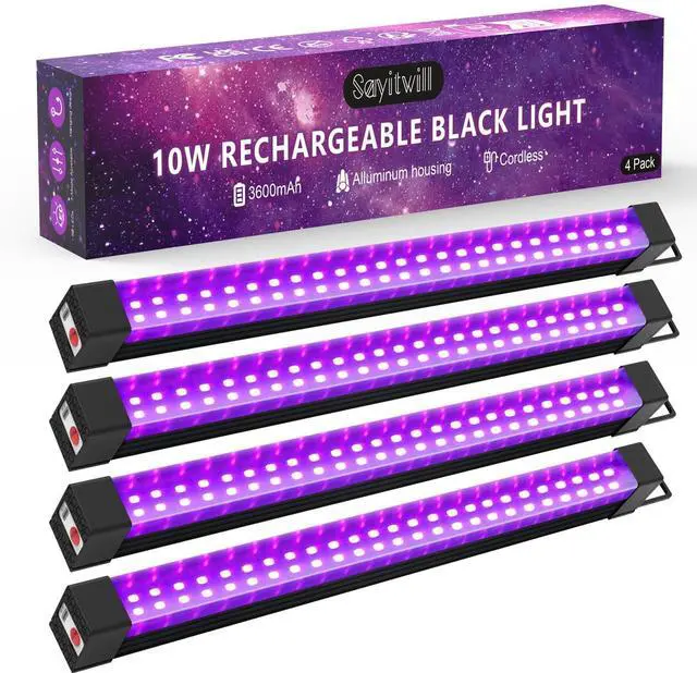 Main image of Rechargeable Black Light Bar 4 Packs, Battery Powered Black Lights for Glow Party, Cordless UV Strip Lights with On/Off/Dimma/Flash Switch, for Neon,Uranium Glass, Classroom,Paint, Poster,Stage