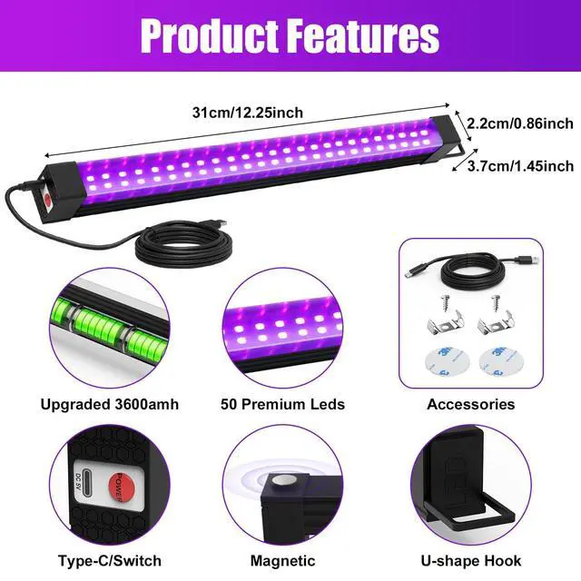 Alt view image 2 of 7 - Rechargeable Black Light Bar 4 Packs, Battery Powered Black Lights for Glow Party, Cordless UV Strip Lights with On/Off/Dimma/Flash Switch, for Neon,Uranium Glass, Classroom,Paint, Poster,Stage