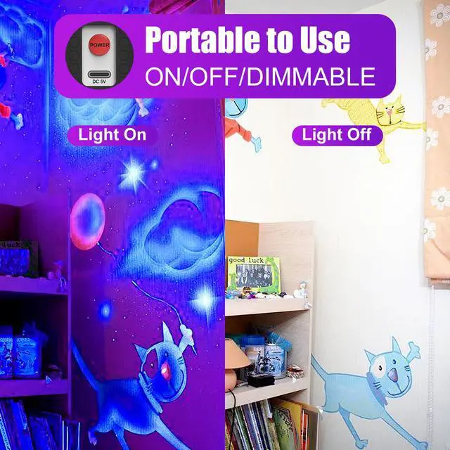 Alt view image 4 of 7 - Rechargeable Black Light Bar 4 Packs, Battery Powered Black Lights for Glow Party, Cordless UV Strip Lights with On/Off/Dimma/Flash Switch, for Neon,Uranium Glass, Classroom,Paint, Poster,Stage
