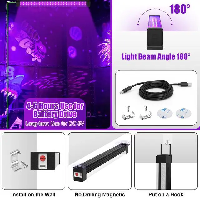 Alt view image 5 of 7 - Rechargeable Black Light Bar 4 Packs, Battery Powered Black Lights for Glow Party, Cordless UV Strip Lights with On/Off/Dimma/Flash Switch, for Neon,Uranium Glass, Classroom,Paint, Poster,Stage
