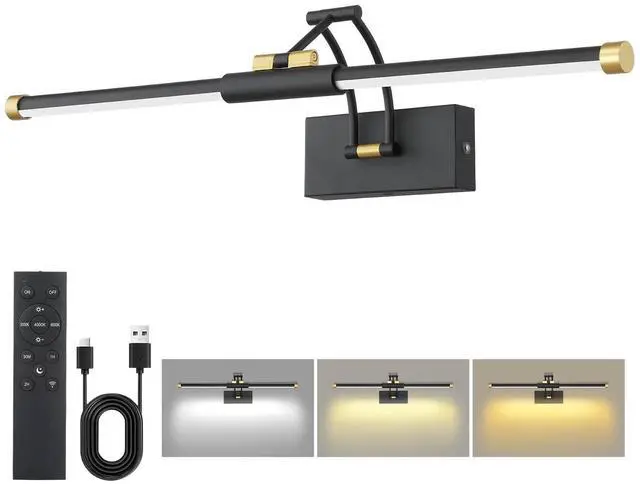 Main image of 24" Picture Lights for Wall, 8000mAh Rechargeable Wireless Remote | Battery Operated Art Light 3000K/4000K/6000K Dimmable, LED Painting Light for Large Frame Artwork Display Gallery, Black Gold