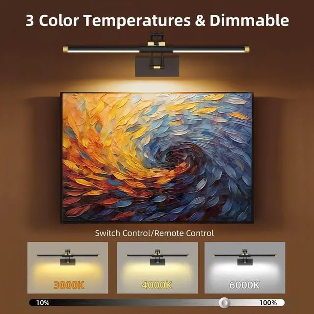 Alt view image 2 of 7 - 24" Picture Lights for Wall, 8000mAh Rechargeable Wireless Remote | Battery Operated Art Light 3000K/4000K/6000K Dimmable, LED Painting Light for Large Frame Artwork Display Gallery, Black Gold