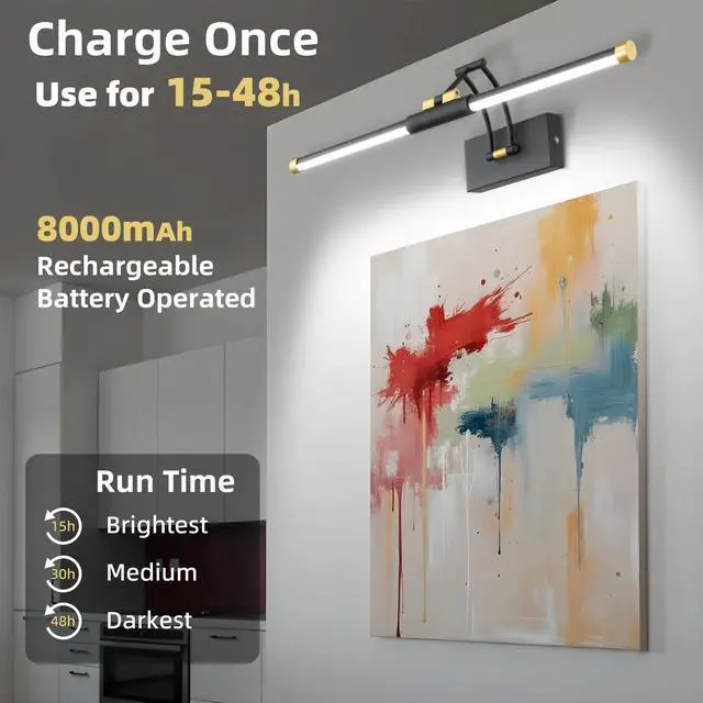 Alt view image 3 of 7 - 24" Picture Lights for Wall, 8000mAh Rechargeable Wireless Remote | Battery Operated Art Light 3000K/4000K/6000K Dimmable, LED Painting Light for Large Frame Artwork Display Gallery, Black Gold