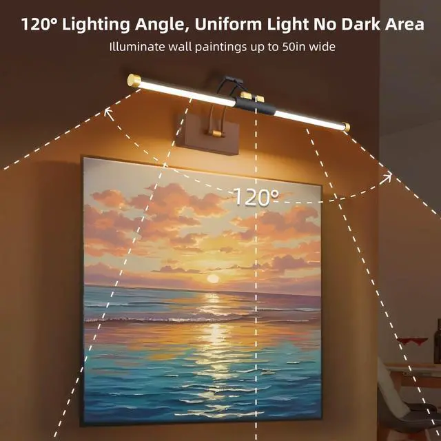 Alt view image 6 of 7 - 24" Picture Lights for Wall, 8000mAh Rechargeable Wireless Remote | Battery Operated Art Light 3000K/4000K/6000K Dimmable, LED Painting Light for Large Frame Artwork Display Gallery, Black Gold