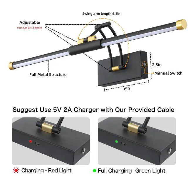 Alt view image 7 of 7 - 24" Picture Lights for Wall, 8000mAh Rechargeable Wireless Remote | Battery Operated Art Light 3000K/4000K/6000K Dimmable, LED Painting Light for Large Frame Artwork Display Gallery, Black Gold