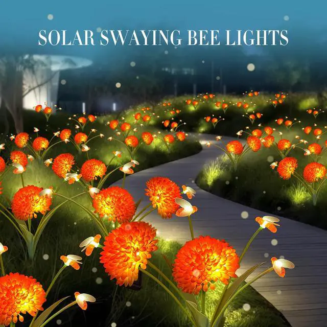 Alt view image 4 of 7 - Solar Garden Lights, 4 Pack Solar Swaying Bee Lights with Flowers, Waterproof Firefly Light Outdoor for Garden Patio Yard Pathway Fall Decoration Gifts for Women Mother's Day