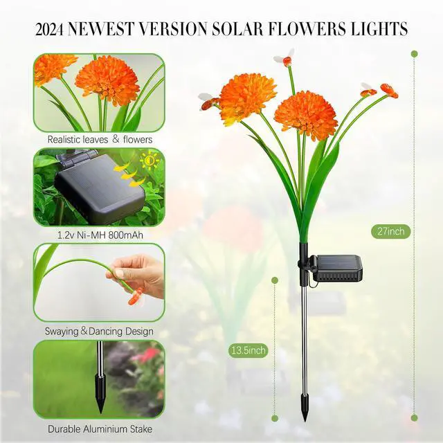 Alt view image 2 of 7 - Solar Garden Lights, 4 Pack Solar Swaying Bee Lights with Flowers, Waterproof Firefly Light Outdoor for Garden Patio Yard Pathway Fall Decoration Gifts for Women Mother's Day