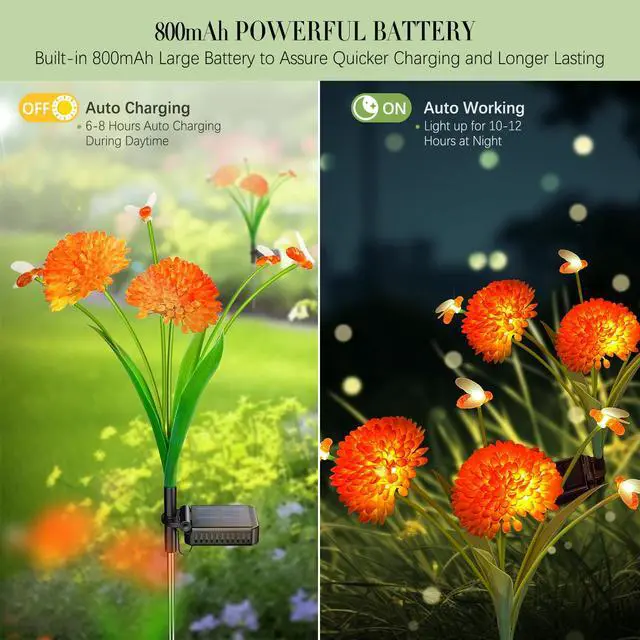 Alt view image 3 of 7 - Solar Garden Lights, 4 Pack Solar Swaying Bee Lights with Flowers, Waterproof Firefly Light Outdoor for Garden Patio Yard Pathway Fall Decoration Gifts for Women Mother's Day