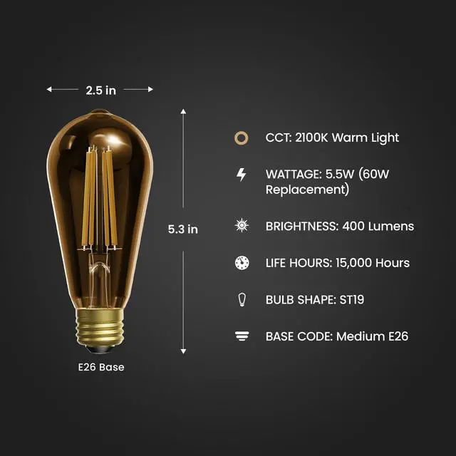 Alt view image 2 of 7 - Vintage Exposed Straight Filament Amber Clear Glass LED ST19, 60W Equivalent, 400 Lumen, Dimmable, 2100K Warm White, E26 Base, 15,000-Hour, ST19/VG/LED/2/4, 8 Pack