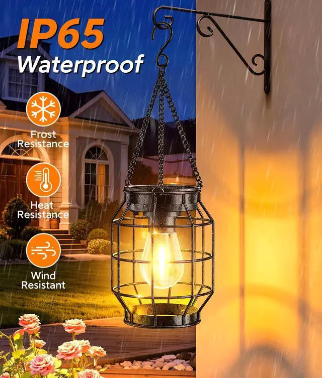 Alt view image 5 of 7 - Solar Lanterns Outdoor Waterproof, Upgraded Metal Hanging Solar Lights Outdoor Decorative, Brighter Outdoor Hanging Lantern for Yard Patio Pathway Porch Garden Decor, Gift for Women Mom 2 Pack