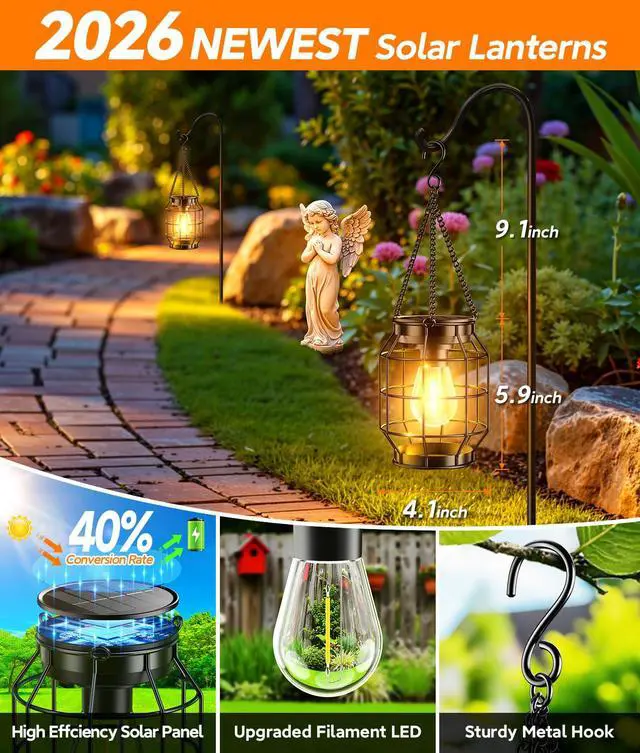 Alt view image 7 of 7 - Solar Lanterns Outdoor Waterproof, Upgraded Metal Hanging Solar Lights Outdoor Decorative, Brighter Outdoor Hanging Lantern for Yard Patio Pathway Porch Garden Decor, Gift for Women Mom 2 Pack