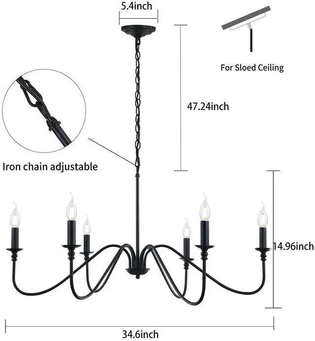 Alt view image 2 of 7 - Black Chandelier, 6-Light Farmhouse Chandelier for Dining Room | Rustic iron candelabra with adjustable 47.24" chain. Fits sloped ceilings, elevating dining & foyer ambiance instantly