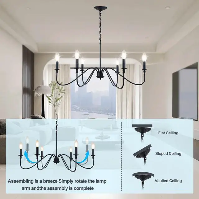 Alt view image 6 of 7 - Black Chandelier, 6-Light Farmhouse Chandelier for Dining Room | Rustic iron candelabra with adjustable 47.24" chain. Fits sloped ceilings, elevating dining & foyer ambiance instantly