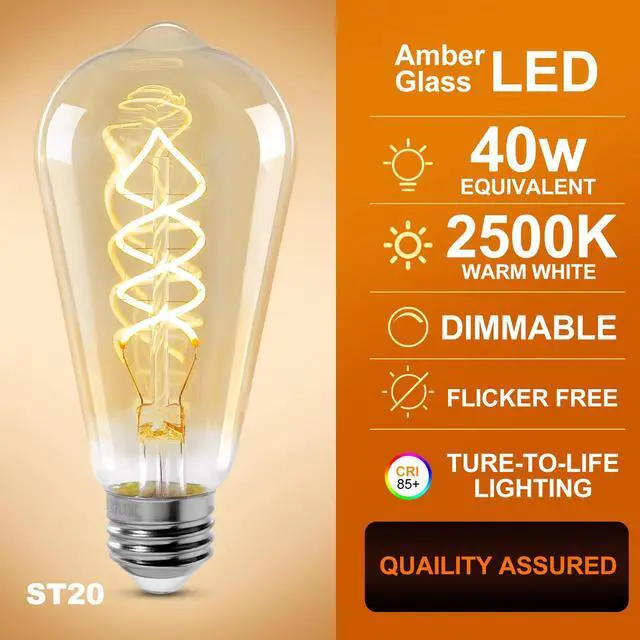 Alt view image 2 of 7 - ST64 LED E26 Vintage Edison Light Bulbs, Light Amber Glass, Dimmable, 4W(40W Equivalent) 300 Lumens, 2500K Warm White, Spiral Filaments Design, Antique Style, 25000 Hrs, 3-Pack