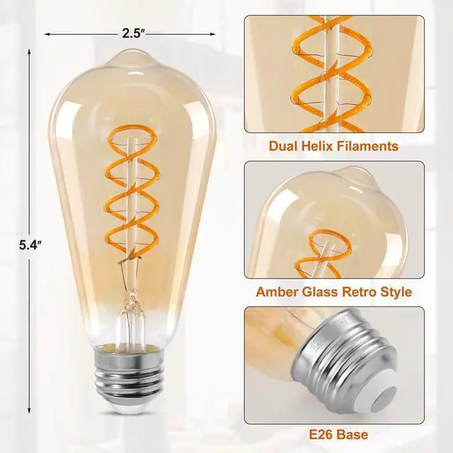 Alt view image 6 of 7 - ST64 LED E26 Vintage Edison Light Bulbs, Light Amber Glass, Dimmable, 4W(40W Equivalent) 300 Lumens, 2500K Warm White, Spiral Filaments Design, Antique Style, 25000 Hrs, 3-Pack
