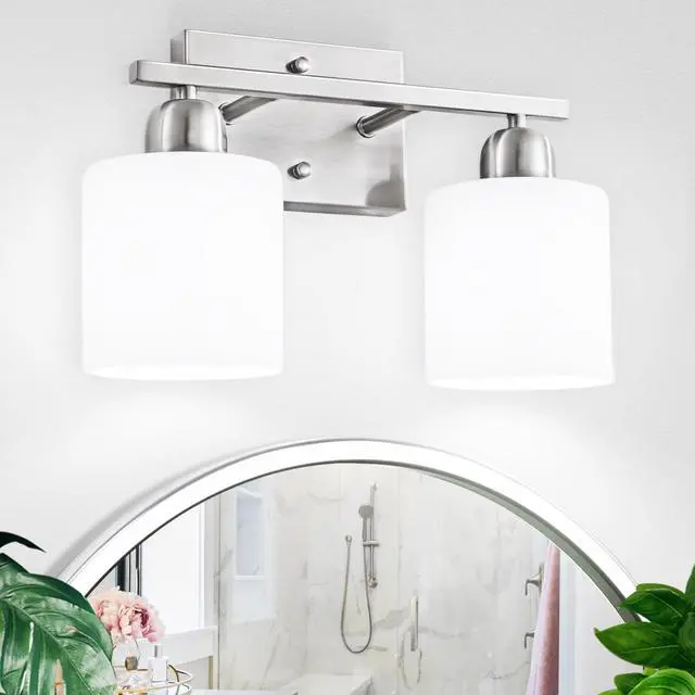 Main image of Brushed Nickel Bathroom Light, Anti-Rust Finish 2 Light Bathroom Vanity Light Brushed Nickel, Milky White Frosted Glass Shades, E26 Socket