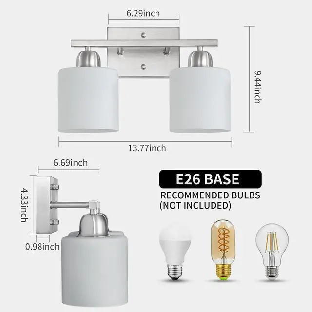 Alt view image 2 of 7 - Brushed Nickel Bathroom Light, Anti-Rust Finish 2 Light Bathroom Vanity Light Brushed Nickel, Milky White Frosted Glass Shades, E26 Socket
