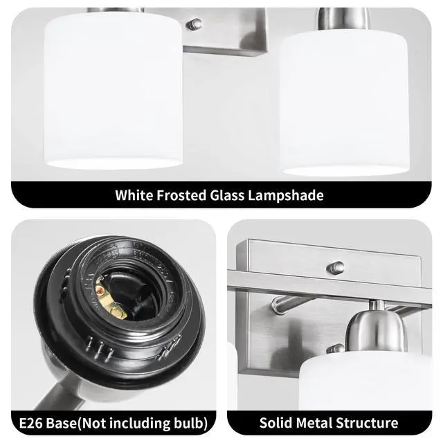 Alt view image 3 of 7 - Brushed Nickel Bathroom Light, Anti-Rust Finish 2 Light Bathroom Vanity Light Brushed Nickel, Milky White Frosted Glass Shades, E26 Socket