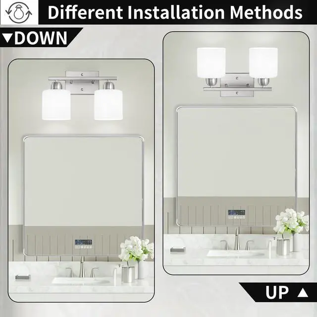 Alt view image 4 of 7 - Brushed Nickel Bathroom Light, Anti-Rust Finish 2 Light Bathroom Vanity Light Brushed Nickel, Milky White Frosted Glass Shades, E26 Socket