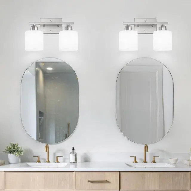 Alt view image 5 of 7 - Brushed Nickel Bathroom Light, Anti-Rust Finish 2 Light Bathroom Vanity Light Brushed Nickel, Milky White Frosted Glass Shades, E26 Socket