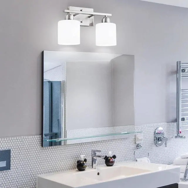 Alt view image 7 of 7 - Brushed Nickel Bathroom Light, Anti-Rust Finish 2 Light Bathroom Vanity Light Brushed Nickel, Milky White Frosted Glass Shades, E26 Socket