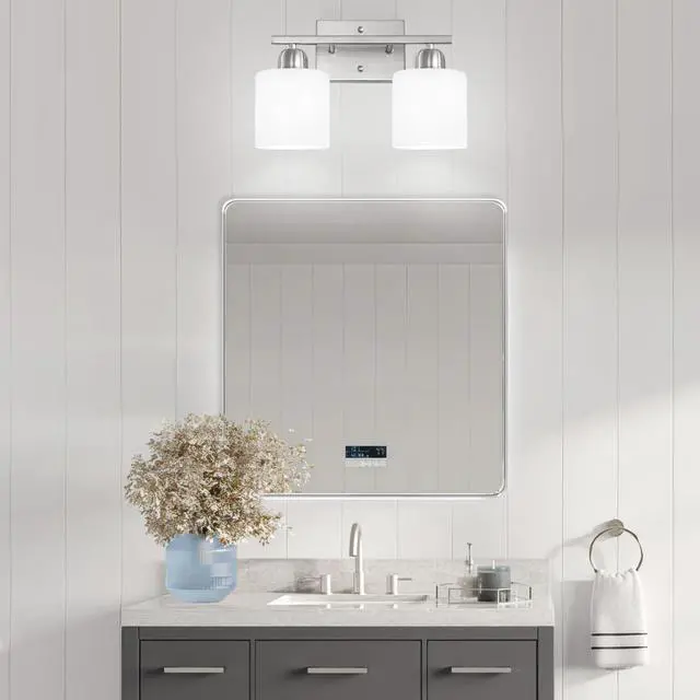 Alt view image 6 of 7 - Brushed Nickel Bathroom Light, Anti-Rust Finish 2 Light Bathroom Vanity Light Brushed Nickel, Milky White Frosted Glass Shades, E26 Socket