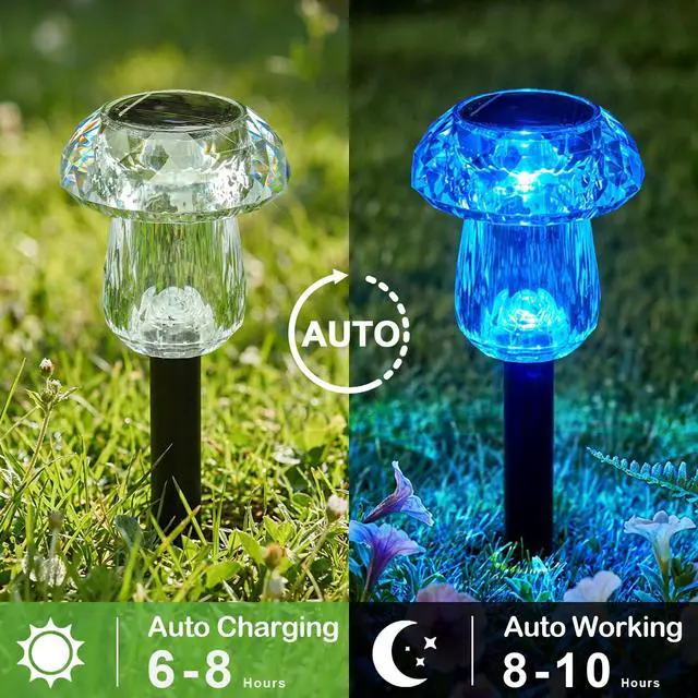 Alt view image 4 of 7 - Solar Lights Outdoor 8 Pack Color Changing Mushroom Garden Lights | Waterproof Pathway Yard Walkway Landscape Path Lighting for Outside, Auto On/Off Decorations, Acrylic Diamond-like Lampshade