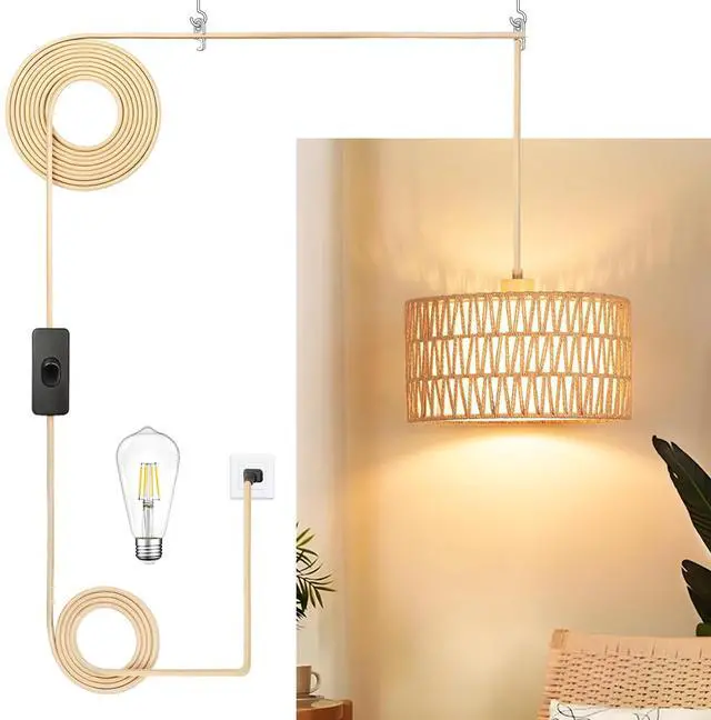 Main image of Boho Plug in Pendant Light, Handwoven Shade, 3 Way Bulb, 14ft Cord | Rattan Hanging Lamp Plug in, Dimmable Hanging Light Fixture for Living Room Bedroom Kitchen Ceiling Farmhouse Home Decor