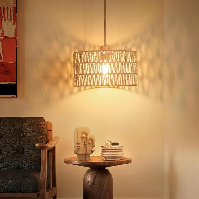 Alt view image 2 of 7 - Boho Plug in Pendant Light, Handwoven Shade, 3 Way Bulb, 14ft Cord | Rattan Hanging Lamp Plug in, Dimmable Hanging Light Fixture for Living Room Bedroom Kitchen Ceiling Farmhouse Home Decor