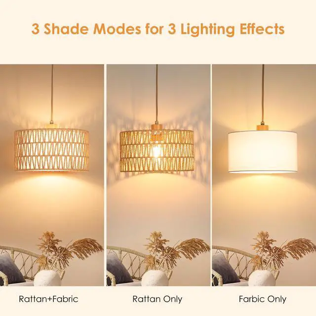 Alt view image 3 of 7 - Boho Plug in Pendant Light, Handwoven Shade, 3 Way Bulb, 14ft Cord | Rattan Hanging Lamp Plug in, Dimmable Hanging Light Fixture for Living Room Bedroom Kitchen Ceiling Farmhouse Home Decor