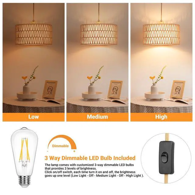 Alt view image 5 of 7 - Boho Plug in Pendant Light, Handwoven Shade, 3 Way Bulb, 14ft Cord | Rattan Hanging Lamp Plug in, Dimmable Hanging Light Fixture for Living Room Bedroom Kitchen Ceiling Farmhouse Home Decor