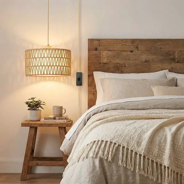 Alt view image 4 of 7 - Boho Plug in Pendant Light, Handwoven Shade, 3 Way Bulb, 14ft Cord | Rattan Hanging Lamp Plug in, Dimmable Hanging Light Fixture for Living Room Bedroom Kitchen Ceiling Farmhouse Home Decor