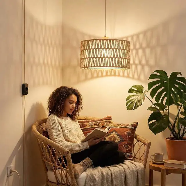 Alt view image 6 of 7 - Boho Plug in Pendant Light, Handwoven Shade, 3 Way Bulb, 14ft Cord | Rattan Hanging Lamp Plug in, Dimmable Hanging Light Fixture for Living Room Bedroom Kitchen Ceiling Farmhouse Home Decor
