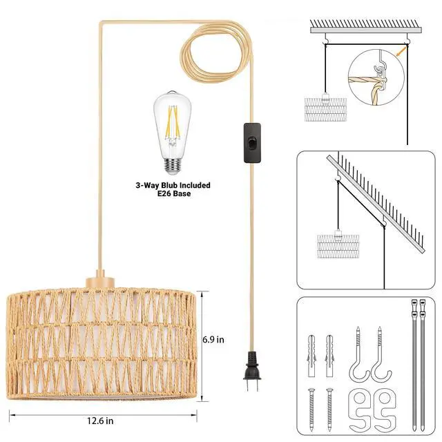 Alt view image 7 of 7 - Boho Plug in Pendant Light, Handwoven Shade, 3 Way Bulb, 14ft Cord | Rattan Hanging Lamp Plug in, Dimmable Hanging Light Fixture for Living Room Bedroom Kitchen Ceiling Farmhouse Home Decor