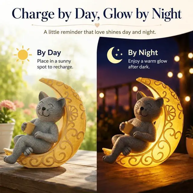 Alt view image 4 of 7 - Solar Cat Statue Decor, Moon Cat Figurines for Patio Balcony Yard Decorations, I Love You to the Moon and Back Birthday Housewarming Gifts for Father Mom Grandma Women Cats Lover