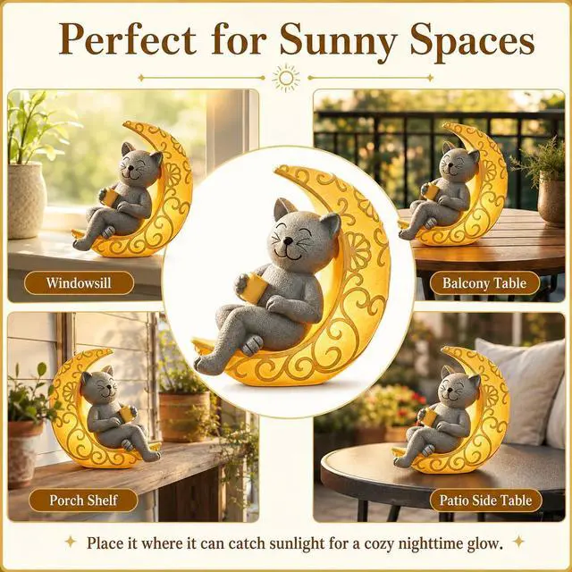 Alt view image 5 of 7 - Solar Cat Statue Decor, Moon Cat Figurines for Patio Balcony Yard Decorations, I Love You to the Moon and Back Birthday Housewarming Gifts for Father Mom Grandma Women Cats Lover