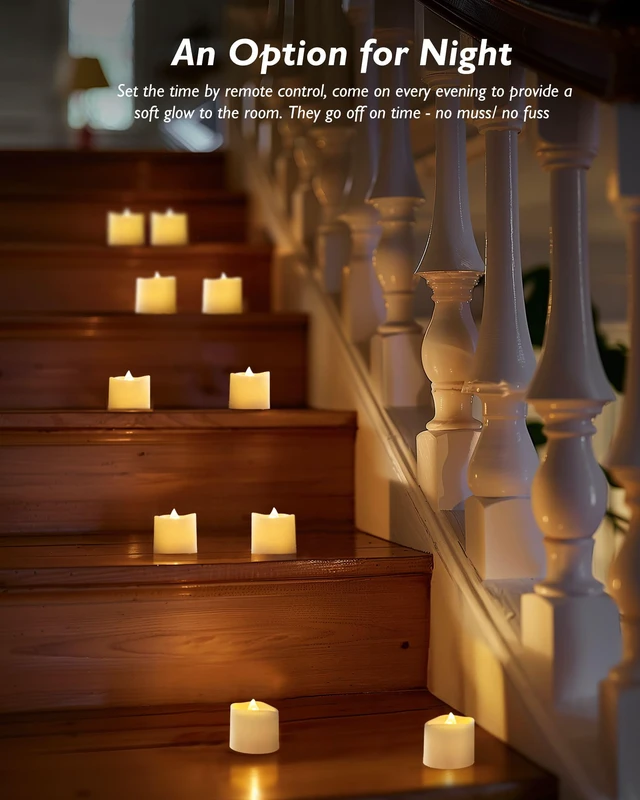 Alt view image 4 of 6 - White Flameless LED Votive Tealight Candles & Timer Remote, 12Pack Battery operated, 400+ hour runtime, 2/4/6/8h timer, warm white flicker glow, flicker/steady mode, for wedding centerpiece