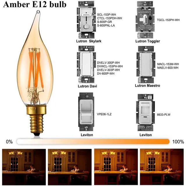 Alt view image 2 of 7 - CA10 E12 Candelabra Bulb 40 watt,Amber Light Bulbs,2200K,6Pack | 4w=40 watt Light Bulbs,E12 Bulb,250lm,AC120V,ETL,Candelabra Light Bulbs for Chandelier Light Bulbs,Pendant,Candle Light Bulbs