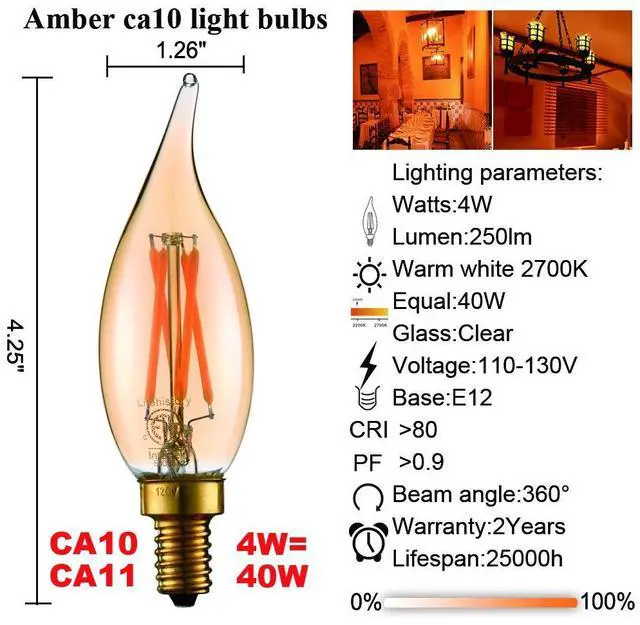 Alt view image 5 of 7 - CA10 E12 Candelabra Bulb 40 watt,Amber Light Bulbs,2200K,6Pack | 4w=40 watt Light Bulbs,E12 Bulb,250lm,AC120V,ETL,Candelabra Light Bulbs for Chandelier Light Bulbs,Pendant,Candle Light Bulbs