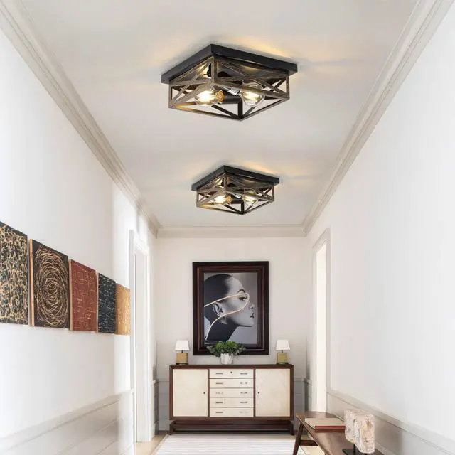 Alt view image 2 of 7 - 2Pack Rustic Flush Mount Ceiling Light Fixture, Modern Farmhouse Light Fixture, Kitchen Hallway Light Fixtures for Bedroom,Dining Room Entryway,Industrial Metal Cage Ceiling Light